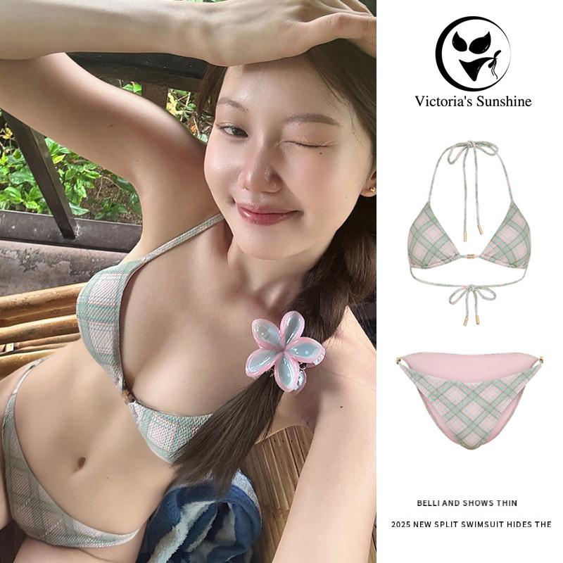 สงไวจากไทย บกน เซกซ ทพช ลายสกอต bikini set ผกคอ เวาหลง