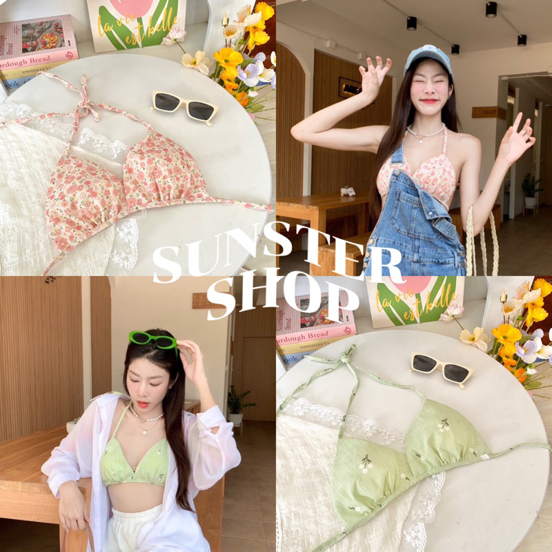 bikini ชดวายนำ บกนลายดอกไม บรามฟองนำในตว สายผกคอผกหลง