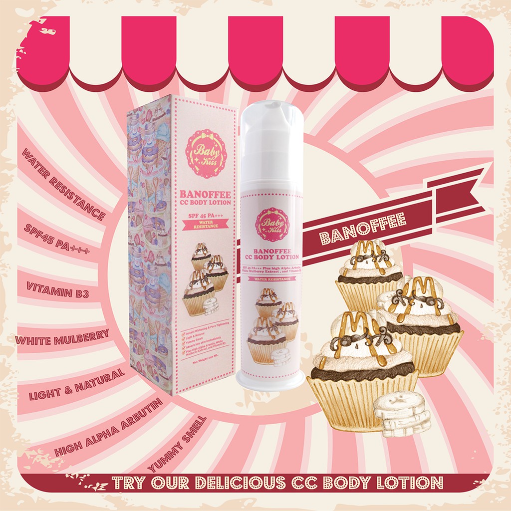 ⚡พร้อมส่ง⚡ซีซีครีมทาตัว Baby Kiss Banoffee CC Body Lotion กันแดด SPF45 PA+++ กันน้ำ กันเหงื่อ ไม่ติดขน ผิวขาวธรรมชาติ