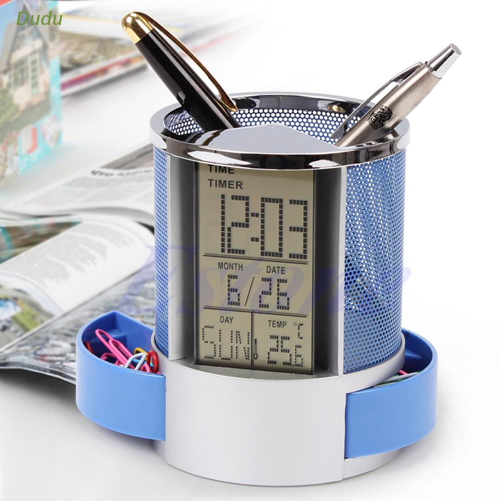 dudu-digital-lcd-desk-alarm-clock-amp-mesh-rulers-pen-pencil-holder-time-temp-calendar