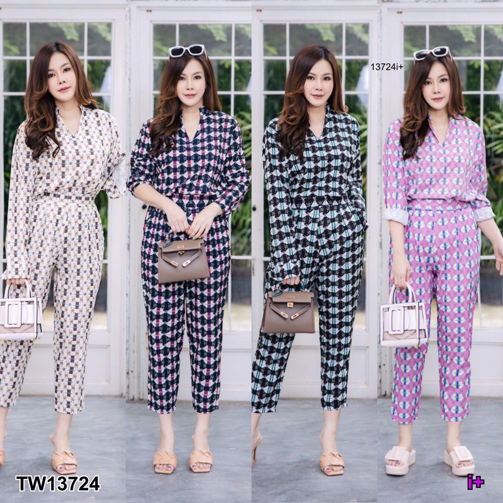 at13724-set-สาวอวบ-เสื้อเชิ้ตคอจีน-กางเกงขาเดฟ-4-ส่วน-ลายแบรนด์