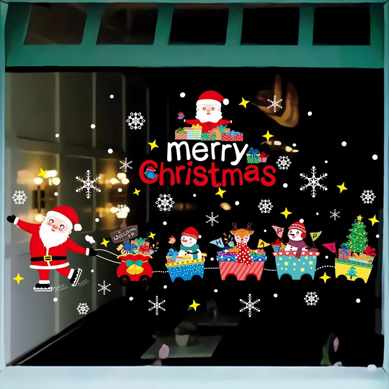 zooyoo-สติ๊กเกอร์ติดผนัง-ซานตาคลอสดึงรถไฟสติกเกอร์ติดผนังที่ถอดออกได้ปีใหม่คริสมาสต์การจัดคงที่ของสติ๊กเกอร์ติดผนัง
