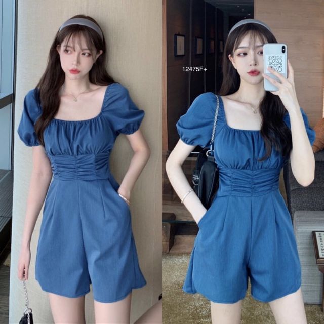 จั้มสูทขาสั้น-ทรงคอเหลี่ยม-จับจีบทวิส-น่ารักๆ