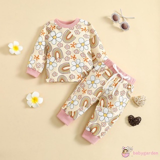 Babygarden-6 เดือน - 4 ปี เสื้อผ้าเด็กผู้หญิง สองชิ้น คอกลม แขนยาว พิมพ์ลายดอกไม้ สีรุ้ง และชุดเสื้อ และกางเกงผูก