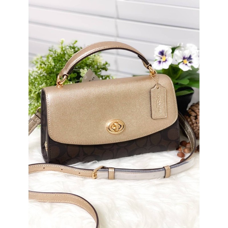 ผ่อน0-กระเป๋าสะพายข้าง-coach-tilly-satchel-23-in-signature-canvas-c1441-ลายซีสีน้ำตาล-ฝาพับสีทอง