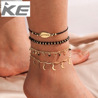 Beach Anklet Shell Tassel Moon Circle Black Rice Bead Woven 4-Piece Anklet for girls for women