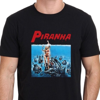 คอลูกเรือเสื้อยืดคอกลมเสื้อยืด พิมพ์ลายภาพยนตร์สยองขวัญ Piranha 80s สไตล์วินเทจผ้าฝ้ายแท้