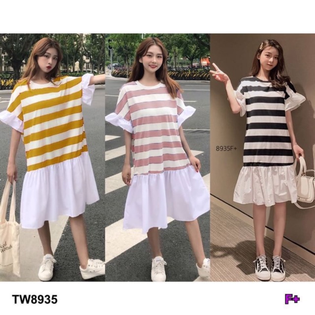 pe8935-dress-ชุดเดรสทรงโอแเวอร์ไซส์-คอกลม-แขนระบาย-ลายริ้วผ้าคอตตอน-ลายริ้วใหญ่-แต่งชายระบาย