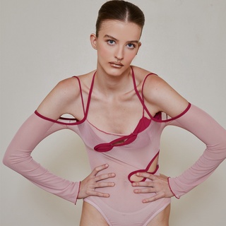 BLACKDOG BKK - dnd22011 - Pink Ashley bodysuit-บอดี้สูทสีชมพูตัดต่อผ้าตาข่ายซีทรูมีบราข้างใน