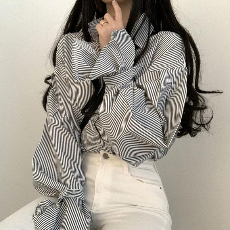 s-2xl-เสื้อลายฝรั่งเศสเวอร์ชั่นเกาหลีย้อนยุคเรียบง่ายหลวมสบายๆสีทึบแขนยาวเสื้อโปโลสีน้ำเงินแถวเดียวหลายปุ่มด้านบน
