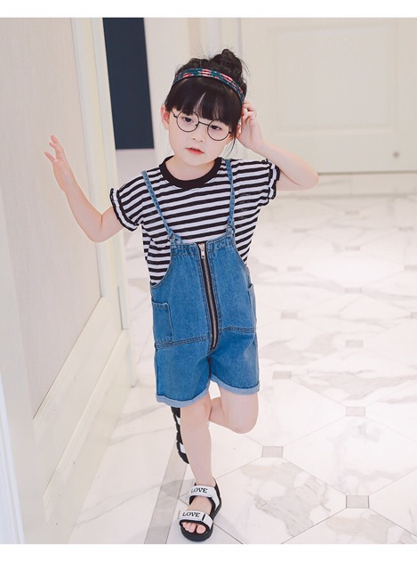 ส่งฟรี-ems-จ้า-set-2-ชิ้น-เอี๊ยมยีนส์-เสื้อแขนสั้น
