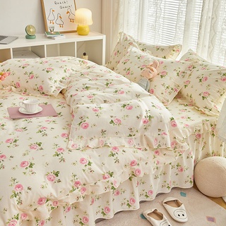 ❁┅☍100% เวอร์ชั่นเกาหลีผ้าฝ้ายแท้สี่ชิ้นผ้านวมปกผ้าฝ้ายขนาดเล็กลูกไม้กระโปรงเตียงผ้าปูที่นอนสามชิ้นbedding