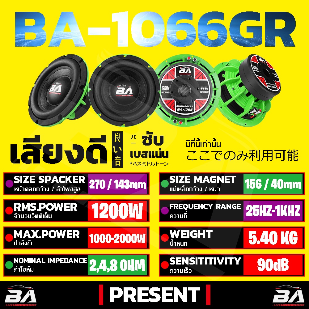 ba-sound-ลำโพงซับวูฟเฟอร์-10-นิ้ว-1200วัตต์-แม่เหล็ก156-40mm-วอยซ์คู่-ba-1066gr-ลำโพงโครงหล่อ-ดอกลำโพง10นิ้ว-ลำโพงซับเบส