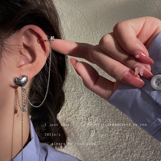 925 silver needle zircon love tassel earrings Korean simple long thin ear clip one-piece personality earrings temperamen