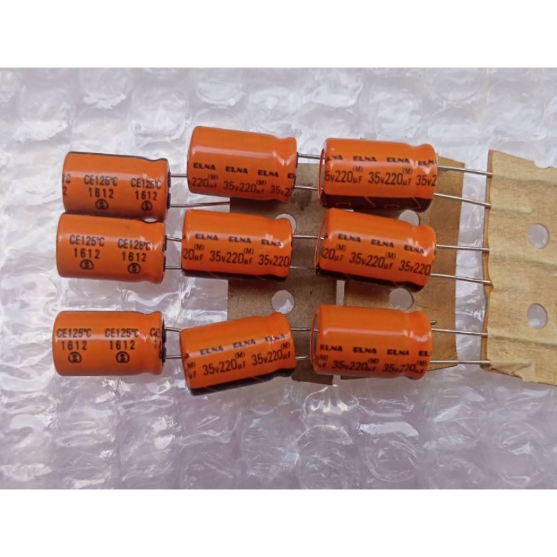 10ชิ้น-capacitor-220uf-35v-elna-125c-สีส้ม-ขนาด15x10mm-วงจรอิเล็คทรอนิกส์-กรอง-เรียงกระแสอย่างดีของใหม่แกะกล่องของแท้