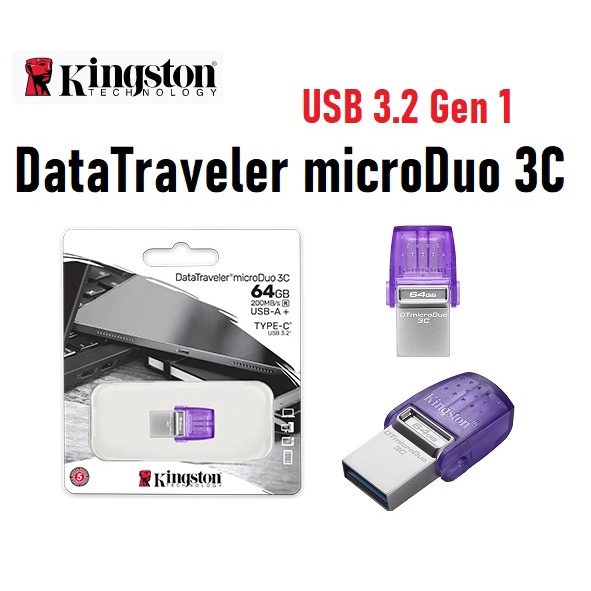 ภาพหน้าปกสินค้าDataTraveler microDuo 3Cแฟลชไดรฟ์ USB 3.2 GEN 1 อินเตอร์เฟซสำหรับพอร์ต USB Type-A และ USB Type-C 64GB 128GB