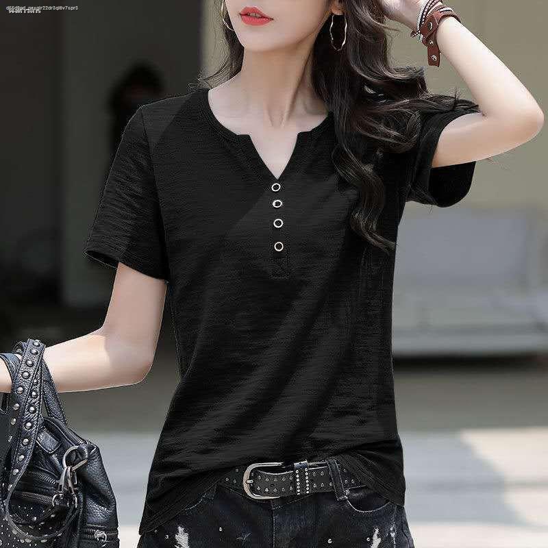 ฤดูร้อนใหม่ผ้าฝ้ายแท้แขนสั้นเสื้อยืดผู้หญิงหลวมขนาดใหญ่คอวีครึ่งแขนด้านบน