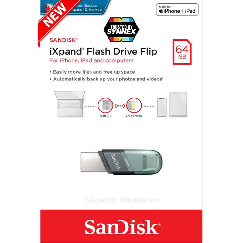 ภาพหน้าปกสินค้าSanDisk iXpand Flash Drive Flip 64GB for i Phone and i Pad OTG (SDIX90N-064G-GN6NN) แฟลตไดฟ์ โอนย้ายข้อมูล โทรศัพท์