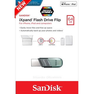สินค้า SanDisk iXpand Flash Drive Flip 64GB for i Phone and i Pad OTG (SDIX90N-064G-GN6NN) แฟลตไดฟ์ โอนย้ายข้อมูล โทรศัพท์