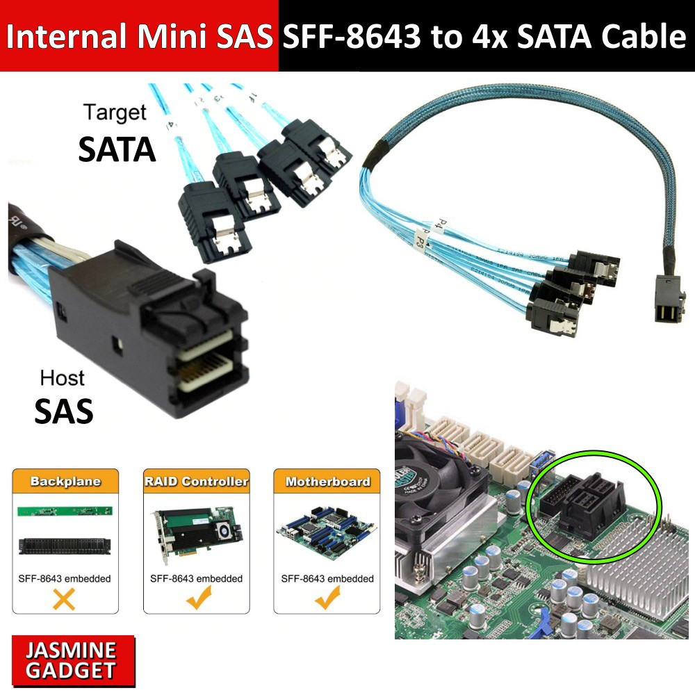 สาย SFF-8643 to SATA, Internal Mini SAS SFF8643 Host to 4 SATA HDD ...