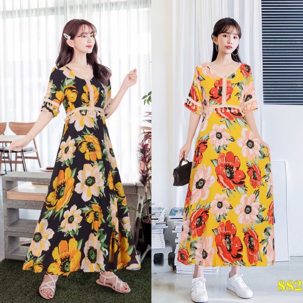 bahanmei-เดรส-ชุดเดรสยาว-ชุดเดรสแฟชั่น-เอวสม๊อค-ตกแต่งชายแขนเสื้อน่ารักๆ