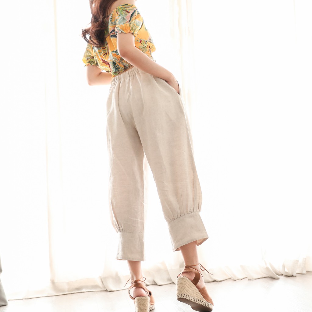 candith-กางเกงผ้าลินินธรรมชาติแต่งปลายขา-สีเบจ