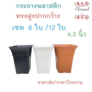 กระถางต้นไม้  4.5 นิ้ว เซท 12ใบ / 6 ใบ (ทรงสูงปากกว้าง) กระถางต้นไม้พลาสติก สีขาว สีส้ม สีดำ