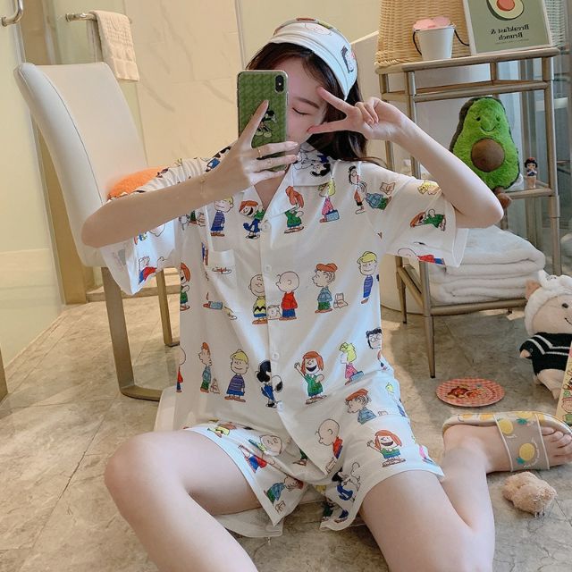 พร้อมส่ง-set-ชุดนอนคอปกแขนสั้น-ลายการ์ตูนน่ารัก-แถมผ้าปิดตา-ชุดนอนน่ารัก-ชุดนอน-snoopy-ชุดนอนเกาหลี