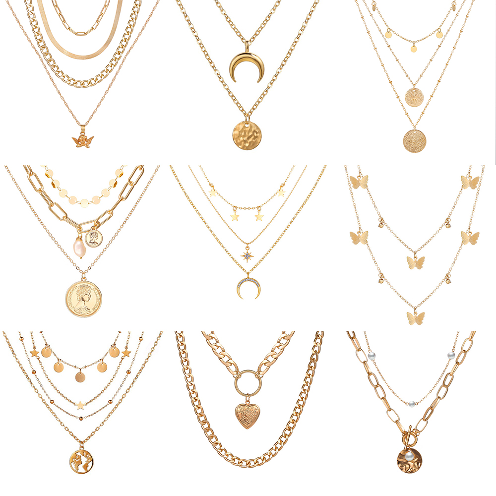 ภาพหน้าปกสินค้าWomen Multilayer Pendant Gold Chain Choker Fashion Retro Pearl Metal Korean Style Lock Necklace Jewelry Accessories จากร้าน hishop1.th บน Shopee