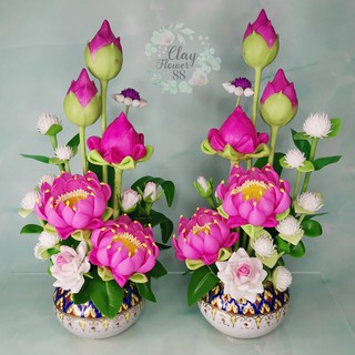ชุดคู่ แจกันดอกบัวประดิษฐ์ ดอกไม้ไหว้พระ ดอกบัวไหว้พระ ดอกบัวปลอม ดอกไม้ดินปั้น จาก ดินไทย กระถางเบญจรงค์ (สูง 9 นิ้ว)