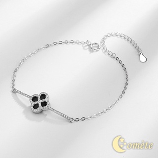 สร้อยข้อมือ เงินแท้ s925 จี้ใบโคลเวอร์สี่แฉกสีดำ ล้อมเพชร (รุ่น C09)