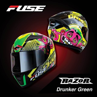 ราคาพิเศษ ล๊อตสุดท้าย!!!หมวกกันน็อค Fuse รุ่น Razor Drunker Green แถมโม่งทุกใบ