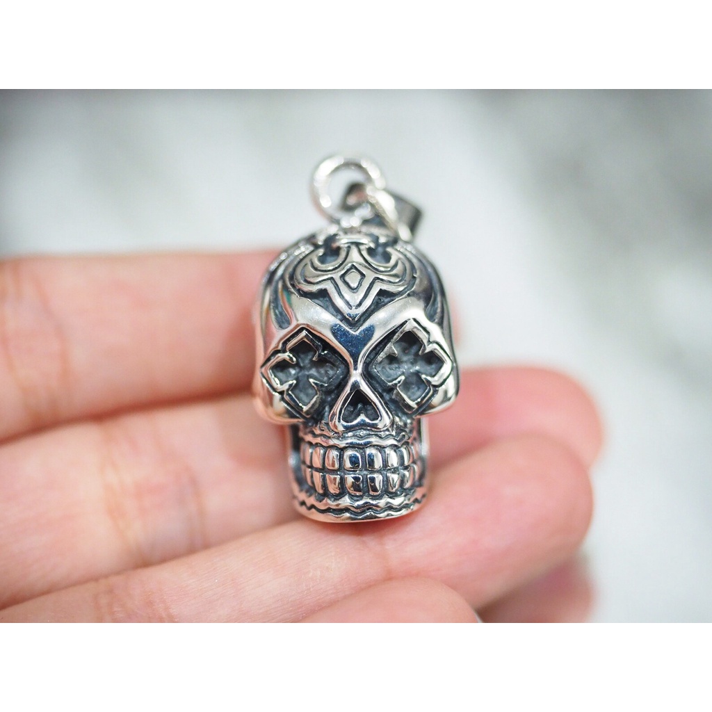 จี้หัวกระโหลก-3d-skull-fleur-de-lis-day-of-death-จี้สร้อยคอผู้ชายเงินแท้-biker-jewelry-pd2