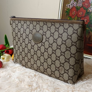 Used GUCCI PLUS GG Pattern PVC Canvas Clutch Bag Cosmetic Pouch Purse Vintage Beige Brown กระเป๋าแบรนด์เนมมือสอง