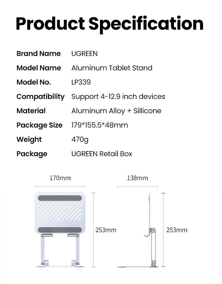 ลองดูภาพสินค้า UGREEN ขาตั้งแท็บเล็ต พับได้ ปรับได้ สําหรับแท็บเล็ต Huawei IPad Samsung 12.9 นิ้ว