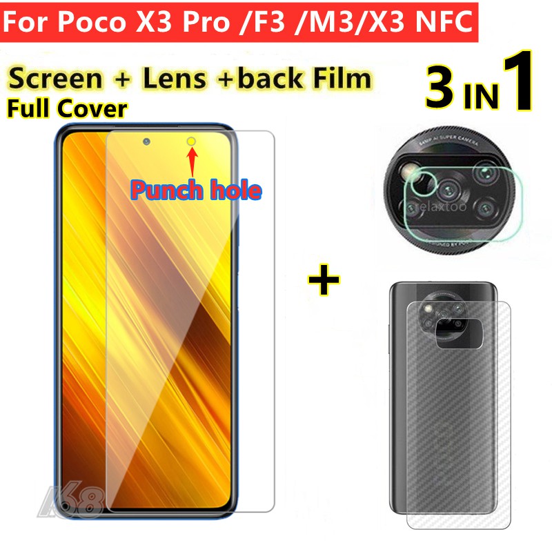 ภาพหน้าปกสินค้าป้องกันหน้าจอPoco X3 Pro Tempered Glass Screen Protector Poco X3 GT M3 Pro 5G F3 Redmi Note 9S 9 Pro 5G Note 8 Pro 3 In 1 Full Cover Carbon Fiber Back Film Lens Protector Poco X3 NFC