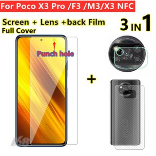 สินค้า ป้องกันหน้าจอPoco X3 Pro Tempered Glass Screen Protector Poco X3 GT M3 Pro 5G F3 Redmi Note 9S 9 Pro 5G Note 8 Pro 3 In 1 Full Cover Carbon Fiber Back Film Lens Protector Poco X3 NFC