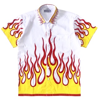 🔥 Flame Shirt 🔥 เสื้อเชิ้ตลายไฟ ผ้าคอตตอตเชิ้ต สกรีนขาวแดง