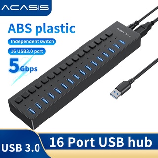 Acasis ฮับ USB 3.0 10 16 พอร์ต พร้อมสวิตช์เปิด ปิด และอะแดปเตอร์พาวเวอร์ 12V 7.5A สําหรับแล็ปท็อป คอมพิวเตอร์ มือถือ HDD แฟลชไดรฟ์ และอื่น ๆ