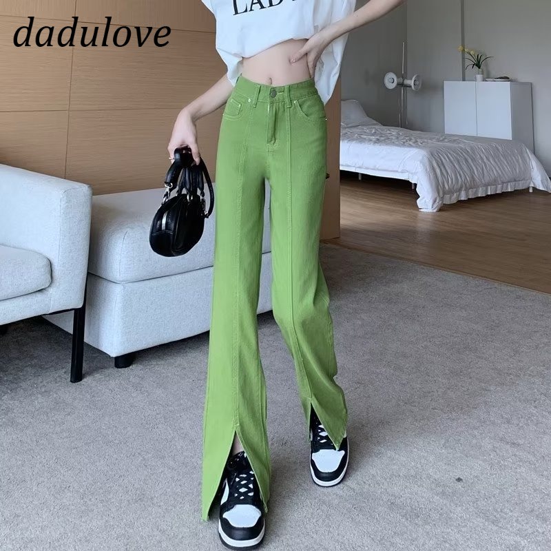 dadulove-new-green-split-jeans-ins-korean-version-street-high-waist-mopping-pants-loose-wide-leg-pants