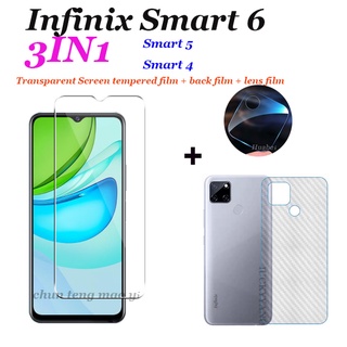 [3in1] สำหรับ Infinix Smart 6 Smart 5 Smart 4 หน้าจอโปร่งใสไร้ขอบฟิล์มกระจกนิรภัย + ฟิล์มเลนส์กล้อง + ฟิล์มคาร์บอนไฟเบอร์ด้านหลัง