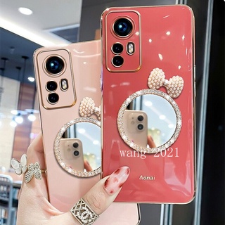 Soft Casing เคส Xiaomi Mi 12 Pro Mi 11 Lite 5G NE 11T Pro เคสโทรศัพท Hot Selling Slim Plating Case with Makeup Mirror Bow Tie Protection Back Cover