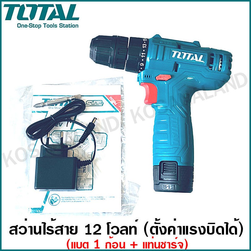 ภาพหน้าปกสินค้าTotal สว่านแบตเตอรี่ 3/8 นิ้ว (10 มม.) (ปรับตั้งแรงบิดได้) 12 โวลท์ รุ่น TDLI12415 (Li-ion Cordless Drill) สว่านไร้สาย จากร้าน kosanaland บน Shopee