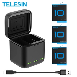 Telesin ที่ชาร์จแบตเตอรี่ 1750 mAh 3 ทาง สีดํา สําหรับกล้อง GoPro Hero 12 11 10 Hero 9 Go Pro Hero 12 11 10 9 3 แพ็ค