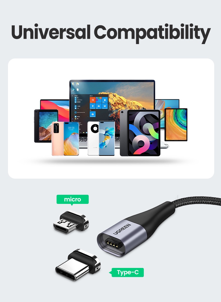 ลองดูภาพสินค้า Ugreen 100 ซม. 3A สายเคเบิล USB C แม่เหล็ก Micro USB Type C สายชาร์จข้อมูล สําหรับ Samsung Xiaomi โทรศัพท์มือถือ สาย USB