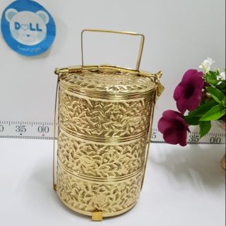 Brass byfaF1097  ปิ่นโตตอกลาย ลายดอกไม้ 3 ชั้น ทองเหลืองเนื้อดี