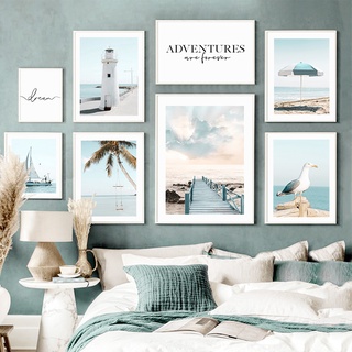 Seagull ภาพโปสเตอร์บนผ้าใบ ลายประภาคาร สะพานชายหาด สไตล์นอร์ดิก สําหรับตกแต่งผนังบ้าน ห้องนั่งเล่น