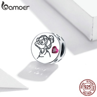 Bamoer จี้ลูกปัดเงิน 925 ลายดอกไม้ หัวใจ สีชมพู สําหรับทําเครื่องประดับ DIY SCC1762