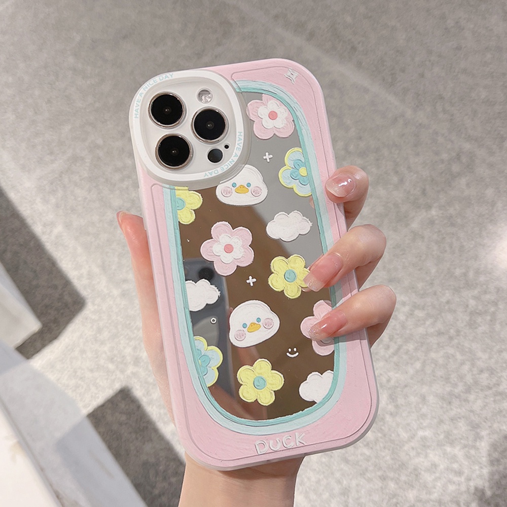 เคสโทรศัพท์มือถือ-แบบนิ่ม-ลายภาพวาดสีน้ํามัน-รูปเป็ด-และดอกไม้-มีกระจกแต่งหน้า-สําหรับ-iphone-11-12-13-pro-max-mini-xr-xs-7-8-plus