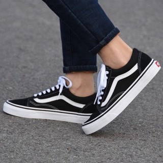 รองเท้าผ้าใบVans รองเท้าผ้าใบผู้ชายผูกเชือกสีดำแถบขาว